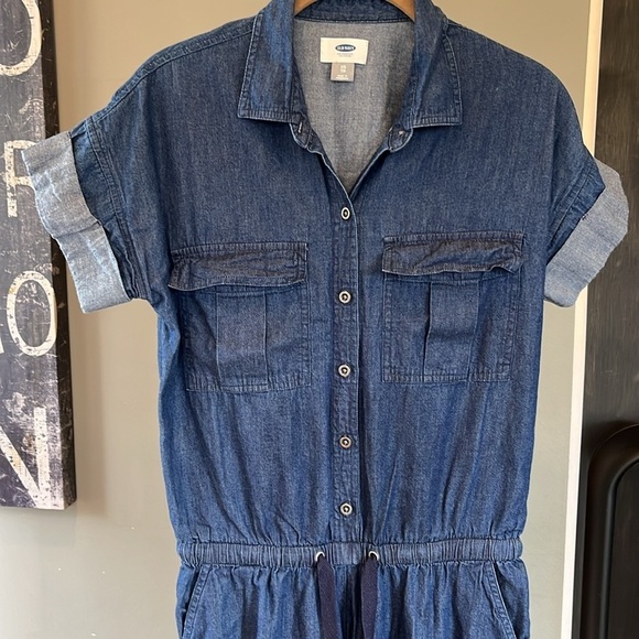 🇪🇸🐠Old Navy Denim Chambray Jumpsuit | Utility Drawstring Waist Short Sleeve XS - Picture 2 of 6